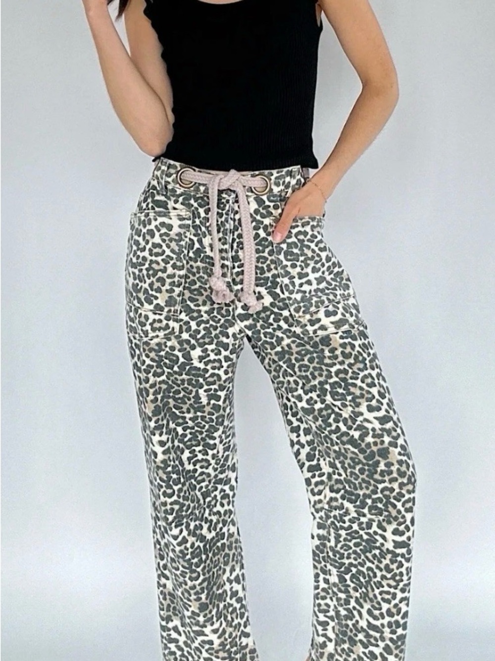 BiBi Leopard-Print Straight Leg Pants with Rope Drawstring - Black/Cream